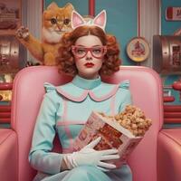 The image portrays a woman wearing a pastel dress and red glasses, accompanied by a cat. Exaggerated character, props, and costumes reminiscent of classic kitsch fashion. Generative Ai photo