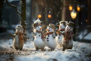 A collection of snowmen engaged in funny activities, like having snowball fights or wearing quirky accessories, making for a charming and amusing scene. Generative AI photo