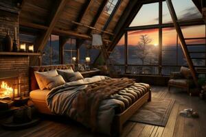 A cozy winter cabin bedroom with a fireplace, warm blankets, and snowy mountain views, evoking feelings of comfort and hygge during the colder months. Generative AI photo