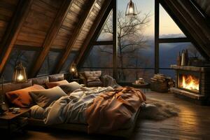 A cozy winter cabin bedroom with a fireplace, warm blankets, and snowy mountain views, evoking feelings of comfort and hygge during the colder months. Generative AI photo