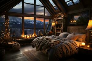 A cozy winter cabin bedroom with a fireplace, warm blankets, and snowy mountain views, evoking feelings of comfort and hygge during the colder months. Generative AI photo