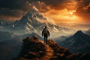 A determined hiker ascending a challenging mountain peak, symbolizing the journey to success. Generative Ai photo