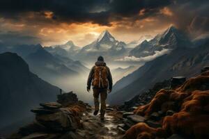 A determined hiker ascending a challenging mountain peak, symbolizing the journey to success. Generative Ai photo