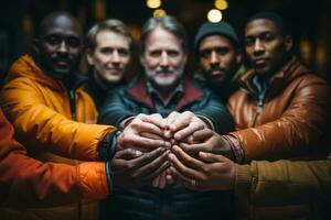 un diverso grupo de personas desde diferente culturas y antecedentes exhibiendo expresivo mano gestos, transporte unidad y diversidad. generativo ai foto