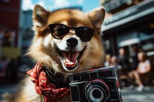 un perro vistiendo Gafas de sol y un sombrero, posando con un cámara como Si es un canino celebridad en el rojo alfombra. generativo ai foto