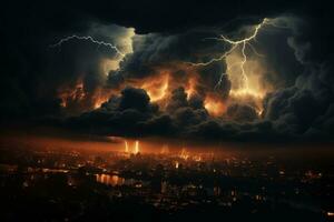 Dark storm clouds gathering over a city skyline, with flashes of lightning illuminating the sky. Generative AI photo