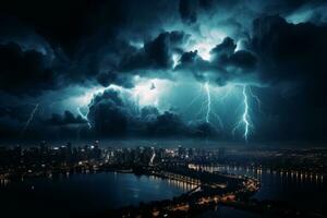 Dark storm clouds gathering over a city skyline, with flashes of lightning illuminating the sky. Generative AI photo
