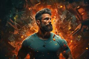 A dynamic web banner featuring a creative and muscular man showcasing his physical strength, surrounded by futuristic technology elements. Generative Ai photo