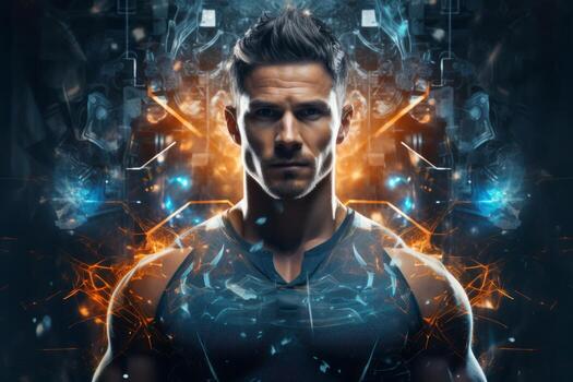 A dynamic web banner featuring a creative and muscular man showcasing his physical strength, surrounded by futuristic technology elements. Generative Ai photo