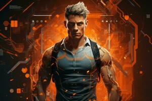 A dynamic web banner featuring a creative and muscular man showcasing his physical strength, surrounded by futuristic technology elements. Generative Ai photo