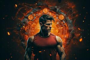 A dynamic web banner featuring a creative and muscular man showcasing his physical strength, surrounded by futuristic technology elements. Generative Ai photo