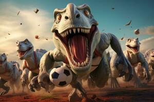 3d render of a fun-filled image of dinosaurs competing in soccer sport event. Generative Ai photo