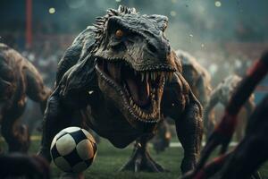 3d render of a fun-filled image of dinosaurs competing in soccer sport event. Generative Ai photo