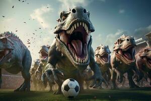 3d render of a fun-filled image of dinosaurs competing in soccer sport event. Generative Ai photo