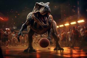 3d render of a fun-filled image of dinosaurs competing in basketball sport event. Generative Ai photo