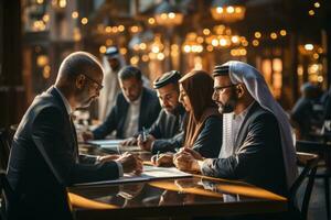 A group of Arab businessmen and businesswomen discussing financial charts and strategies, reflecting teamwork and analysis. Generative AI photo