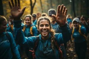 un grupo de amigos aplausos y chocando los cinco después completando un divertido y desafiante obstáculo curso carrera. generativo ai foto