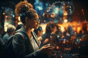 A group of diverse people with a layer overlay of interconnected network lines, showcasing the concept of global communication and connectivity. Generative Ai photo