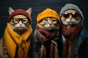 A group of cool cats wearing trendy glasses, scarves, and hats, striking a pose that oozes feline fashion. Generative Ai photo