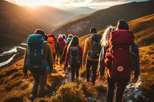 A group of friends hiking in the mountains, capturing the spirit of exploration, achievement, and the beauty of nature. Generative Ai photo