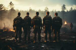 un grupo de infantería de marina en pie hombro a hombro en unidad, exhibiendo camaradería y trabajo en equipo. generativo ai foto