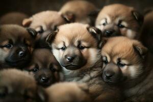 A pile of adorable Akita puppies cuddled together, perfect for showcasing the breed's charm. Generative Ai photo