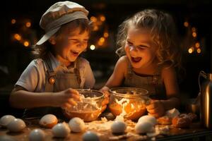 un reconfortante momentos de padres y niños Cocinando juntos, enfatizando el alegría de preparando comidas con huevos. generativo ai foto