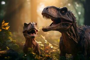 un reconfortante escena presentando un familia de dinosaurios jugando juntos, invocando un sentido de alegría y unión en el prehistórico mundo. generativo ai foto