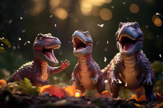 A heartwarming scene featuring a family of dinosaurs playing together, invoking a sense of joy and bonding in the prehistoric world. Generative AI photo