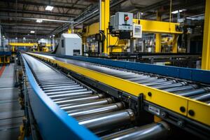 A high-speed conveyor belt showcasing the seamless production process in a modern manufacturing plant. Generative Ai photo