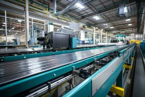 A high-speed conveyor belt showcasing the seamless production process in a modern manufacturing plant. Generative Ai photo