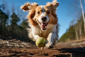 un alta velocidad Disparo de un juguetón perro corriendo con sus lengua afuera, capturar el alegría y energía de nuestra canino compañeros generativo ai foto