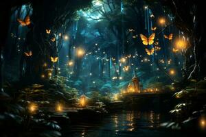 Illustration of a lush forest landscape with a layer overlay of glowing fireflies, capturing the beauty of nature at night. Generative Ai photo