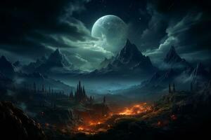 Illustration of a majestic mountain view with a constellations and stars, symbolizing exploration and adventure. Generative AI photo