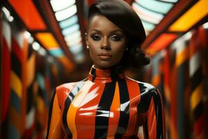 Close up of a model posing in a high-fashion editorial shoot wearing glossy latex against a vibrant and abstract geometric backdrop. Generative Ai photo