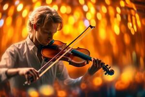 A musician playing a soulful melody on the violin, expressing emotions through every movement of the bow. Generative AI photo