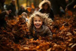 Children playing in a pile of autumn leaves on Thanksgiving Day. The scene could be set in a backyard or park, with kids jumping and laughing as they enjoy the crisp fall air. Generative Ai photo