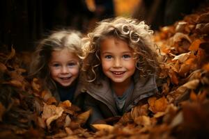 niños jugando en un pila de otoño hojas en acción de gracias día. el escena podría ser conjunto en un patio interior o parque, con niños saltando y riendo como ellos disfrutar el crujiente otoño aire. generativo ai foto