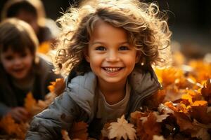 Children playing in a pile of autumn leaves on Thanksgiving Day. The scene could be set in a backyard or park, with kids jumping and laughing as they enjoy the crisp fall air. Generative Ai photo