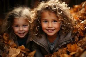 niños jugando en un pila de otoño hojas en acción de gracias día. el escena podría ser conjunto en un patio interior o parque, con niños saltando y riendo como ellos disfrutar el crujiente otoño aire. generativo ai foto