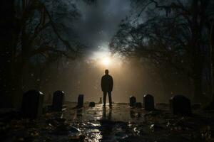 A powerful image of a lone figure standing in front of a gravestone, reflecting on memories and emotions, symbolizing the journey of grief. Generative AI photo