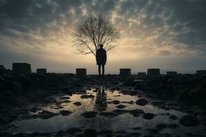 A powerful image of a lone figure standing in front of a gravestone, reflecting on memories and emotions, symbolizing the journey of grief. Generative AI photo