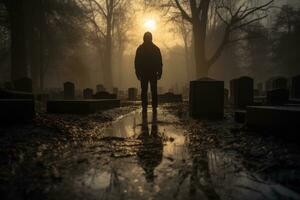 A powerful image of a lone figure standing in front of a gravestone, reflecting on memories and emotions, symbolizing the journey of grief. Generative AI photo