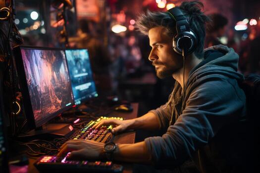 A professional gamer in action, fully immersed in gameplay, with intense focus and determination. Generative AI photo