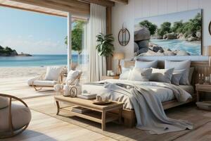 A serene coastal-themed bedroom with light, airy decor, ocean-inspired accents, and a stunning view of the sea, capturing the essence of relaxation. Generative Ai photo