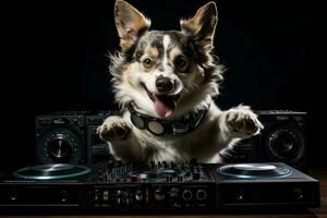 Trendy dog grooving to music, capturing their amusing moves and the joy they bring. Generative AI photo