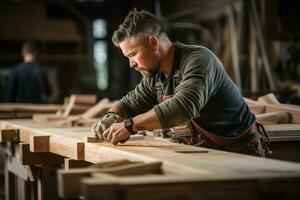 un experto carpintero con confianza trabajando en un intrincadamente diseñado pedazo de muebles, exhibiendo artesanía y pericia. generativo ai foto