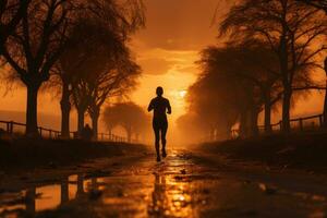 A silhouette of a jogger running at sunrise, illustrating the dedication and discipline of early morning workouts. Generative Ai photo