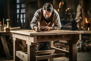 un experto carpintero con confianza trabajando en un intrincadamente diseñado pedazo de muebles, exhibiendo artesanía y pericia. generativo ai foto