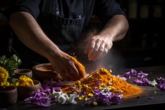 A skilled chef sprinkling ground curcuma over a dish, adding a burst of color and flavor to the cuisine. Generative AI photo